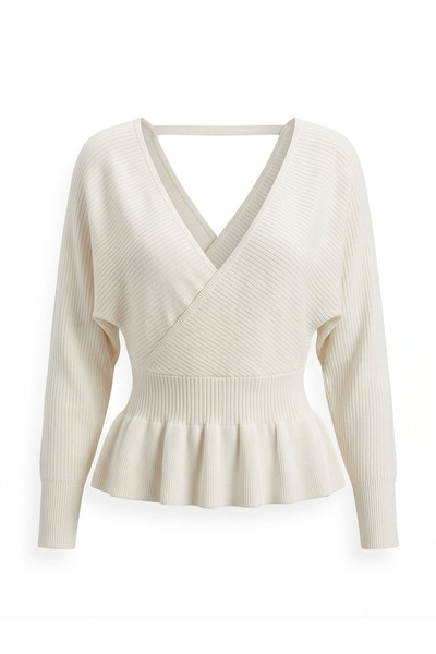 On Fashion Women's Deep V-Neck Double-Breasted Sweater with Six Ruffles