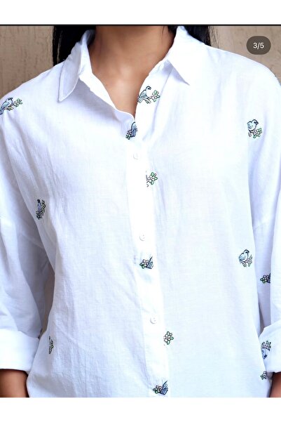 mahira collection Women's Floral Bird Figured Cotton Linen Shirt