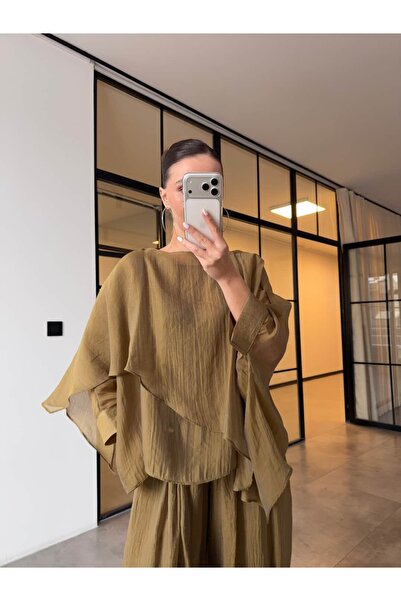 BB Bensu Buyruk Transparent Blouse with Cape Detail Olive