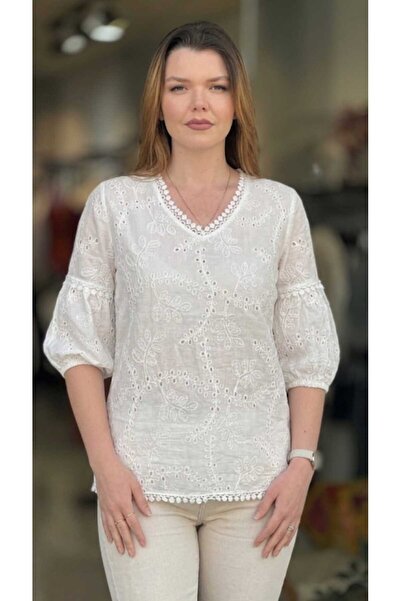 güncüoğlu Watermelon Sleeves V-Neck Embroidered Linen Blazer