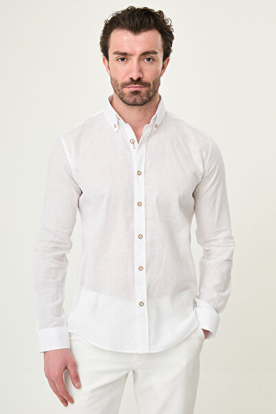 Mcr Straight Slim Fit Button-Collar Linen Men's Shirt White - 27147.26Y