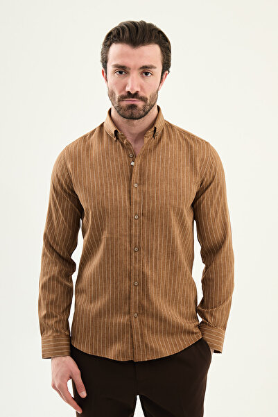 Mcr Striped Slim Fit Stand Collar Long Sleeve Men's Shirt Camel - 27144.26Y