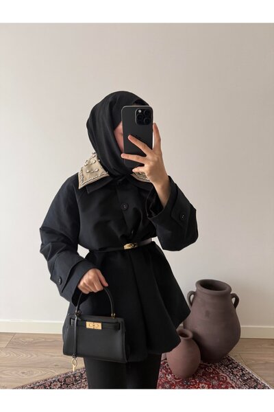 EssCouture Yakası Taş İşleme Detaylı Kadın Trençkot