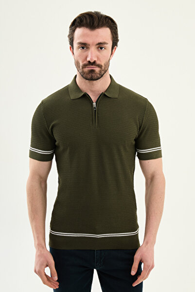 Mcr Stripe Detailed Slim Fit Polo Collar Zippered Men's Knitwear T-Shirt Khak...