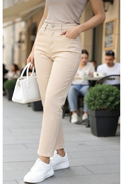 MRİABE High Waist Mom Boyfriend Women's Jeans L Comfortable Fit L Denim L Beige