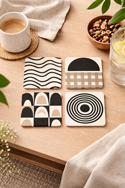 VERONİCA LİNE Modern Set of 4 Coasters – Beige Minimal Pattern Digital Print Mdf