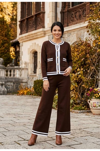 YusGos Women's Gold Buttoned Striped and Pocket Detailed Crew Neck Cardigan T...