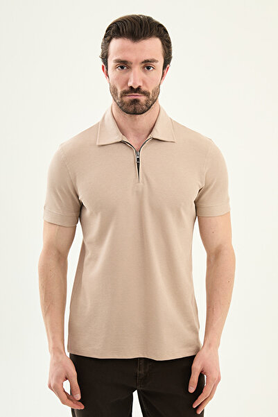 Mcr Plain Slim Fit Zippered Polo Collar Men's T-Shirt Beige - 36859.26Y