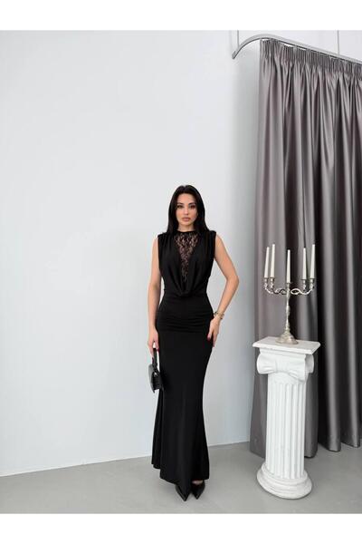 HAWWA STORE Dantel Detaylı Siyah Uzun Elbise