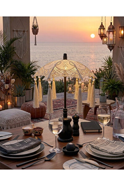 Missidea Masaüstü Dantelli Dekoratif Sunum Bali Şemsiyesi Naturel-Siyah