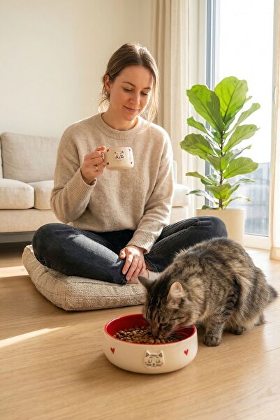 Pawicci Seramik Kedi Mama Kabı ve Kupa Seti – Kedi Desenli Mama Kabı, Kedili Bardak ve Mama Kasesi Seti