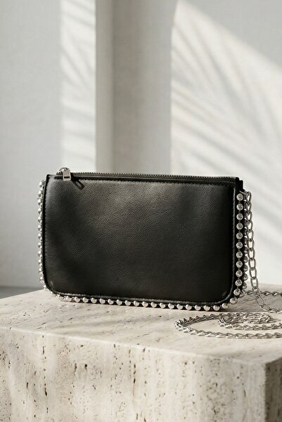 InStyle Black Women's Bag with Staple Detail and Chain Strap