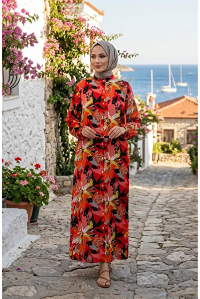 sefamerve Patterned Buttoned Elastic Sleeve Dress 0251-04 Red Orange