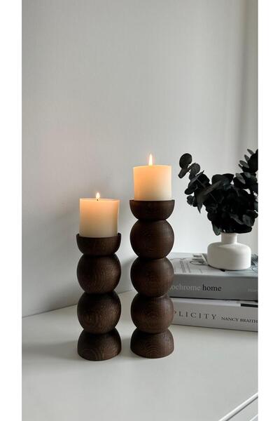 NUNU DESİGN Bubble Koyu Ceviz Ahşap Şamdan Seti 2’li