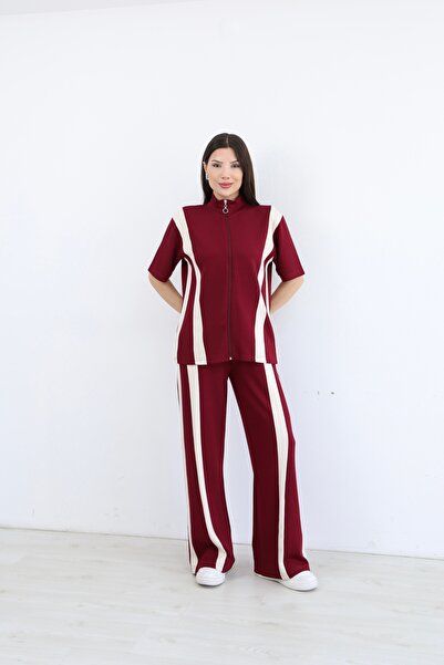 sportiness Zipper Detailed, Decorated, Wide Leg Modal Fabric Tracksuit Set
