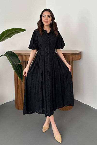 cemo Kadın Sarı Kemerli Balon Kollu Jakarlı Midi Elbise