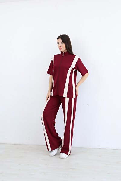02Lady Fashion Garnili Detailed Zippered Wide Leg Modal Fabric Tracksuit Set