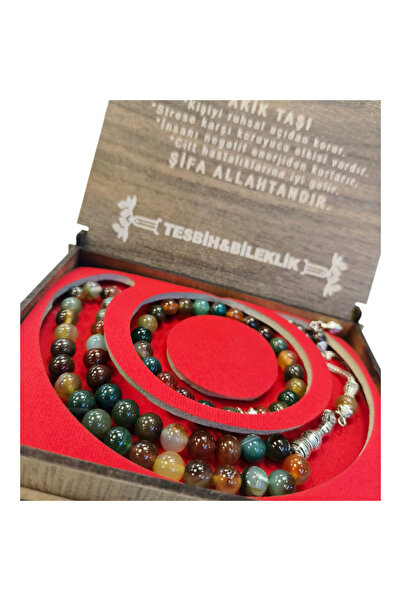 hüseyin ceran Agate Stone Green Prayer Beads and Bracelet with Wooden Box for...