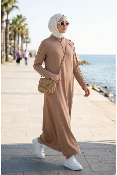 sefamerve Plus Size Zipper Detailed Sports Dress 12024-02 Beige