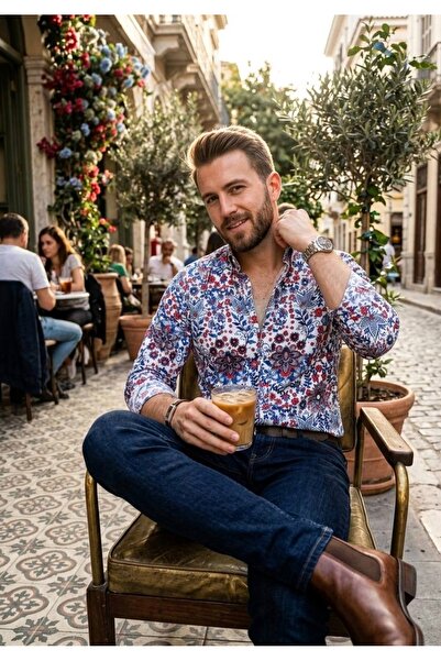 YusGos Μακρυμάνικο ανδρικό πουκάμισο με φλοράλ σχέδιο από βαμβάκι κανονικής ε...