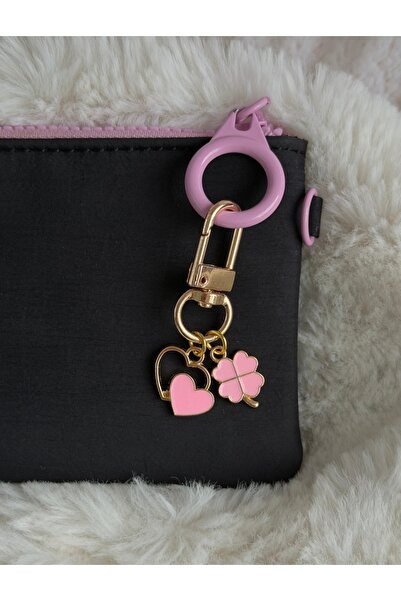 WhimsyWhite Keychain with Hearts and Pink Lucky Clover - Designer Bag Accessory