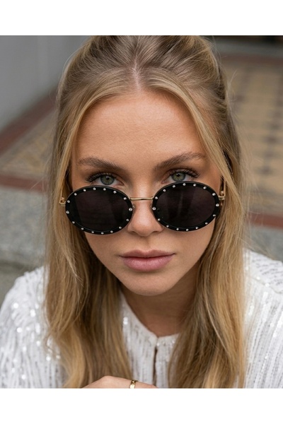 Chunky Frame Jewell Women's Oval Black Sunglasses with Silver Stone Accessori...