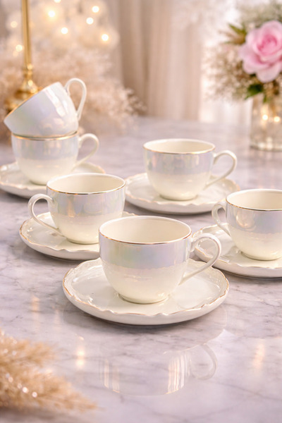 YzHome Acar 6 Kişilik Lüks Beyaz Porselen Lüsterli Çay Fincan Takımı Seti 150ml