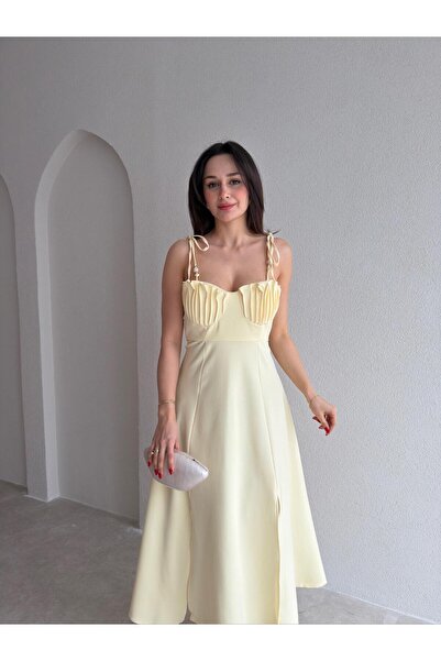 Mooi Butik Ti̇la Midi Dress 6880 - Yellow