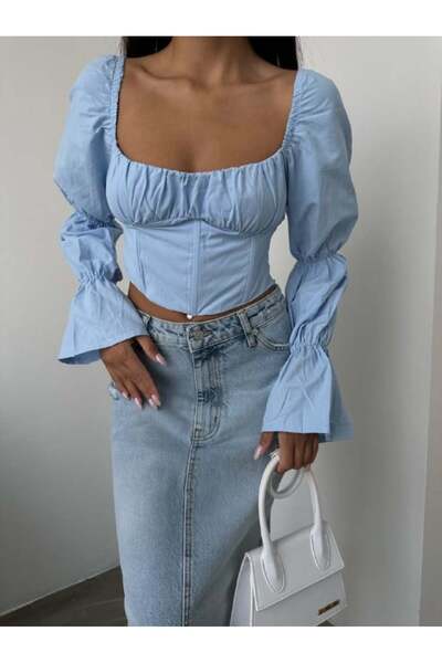 HerTon Crop Bustier Μπλούζα με Τετράγωνο Γιακά και Κορδόνια, Μακρυμάνικο Κομψ...