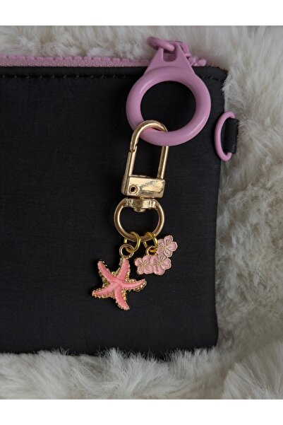 WhimsyWhite Sparkling Starfish and Pink Flower Bouquet Figured Keychain - Gol...