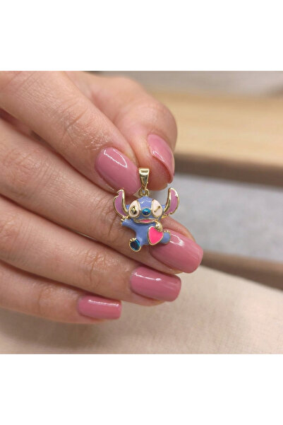 MuseumofYou Kadın Kolye Ucu 14K Altın Kaplama Stitch Figürlü Pembe Kalp Detaylı