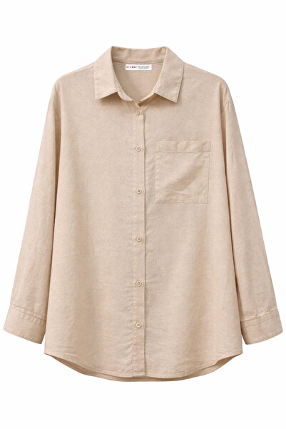 Mixray 4670 Дамска овърсайз базова ленена риза с джобове, естествен цвят