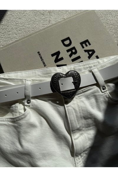 coaksco Women's Black Antique Heart Buckle White Belt