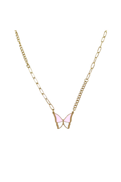 Güler Yüzlü Silver Steel Pink Butterfly Combination Necklace 40+5 cm Gold