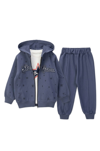 Yakup bebe Boys' Hooded Zippered Tracksuit Set Star Patterned Casual Sports S...