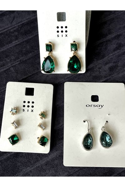 Luxiva 5 Pairs of Green Crystal Stone Minimal Trend Daily Women's Earring Set...