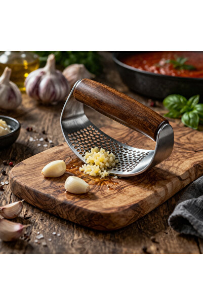 MİS KİTCHEN Stainless Steel Garlic Crusher with Acacia Handle Practical Garli...
