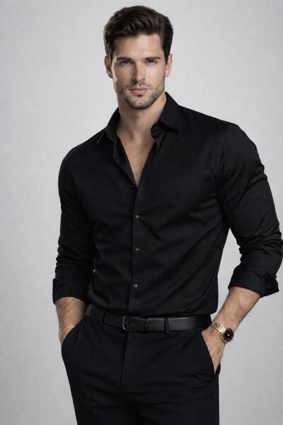 BYBÜLENT Men's Black Long Sleeve Slim Fit Bella Pure Satin Light Lycra Specia...