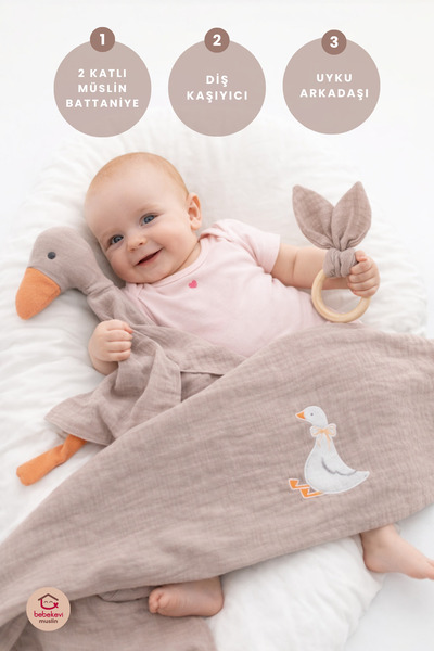 Bebekevi Müslin Bebek Seti 3 Parça (%100 Pamuk Battaniye, Uyku Arkadaşı & Diş...