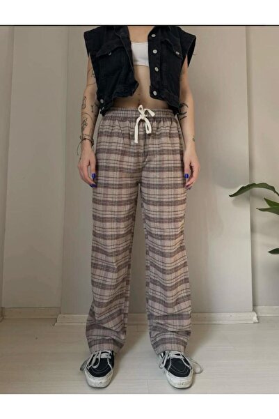 yesmoda Plaid Patterned Lace-Up Sweatpants