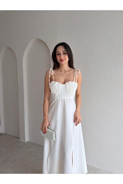 Mooi Butik Ti̇la Midi Dress 6880 - White