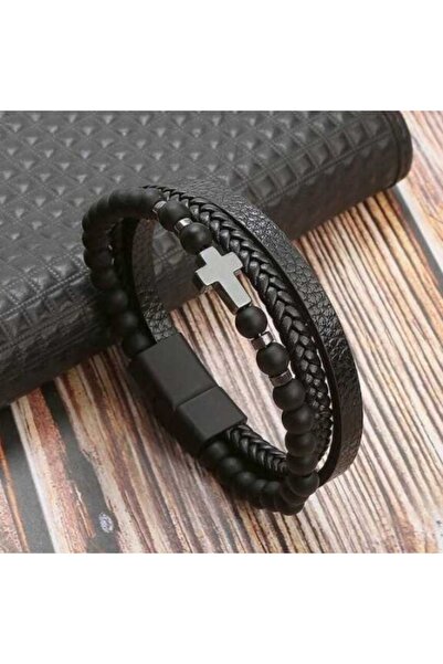 Basic Outfitters Men's Black Cross Leather and Bead Bracelet – Elegant Modern...