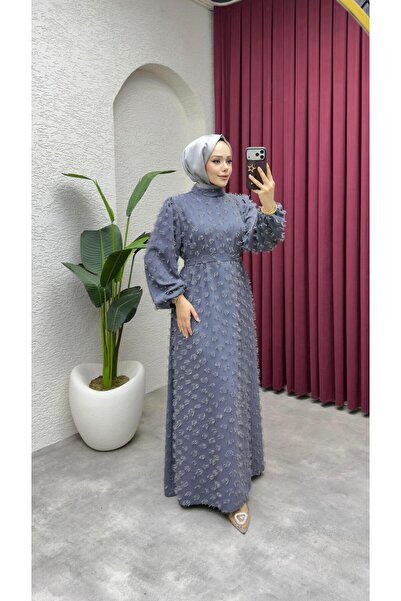 Kalemen Moda Lina Püsküllü Krep Elbise 1011 Gri
