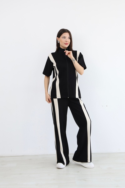 02Lady Fashion Garnili Detailed Zippered Wide Leg Modal Fabric Tracksuit Set