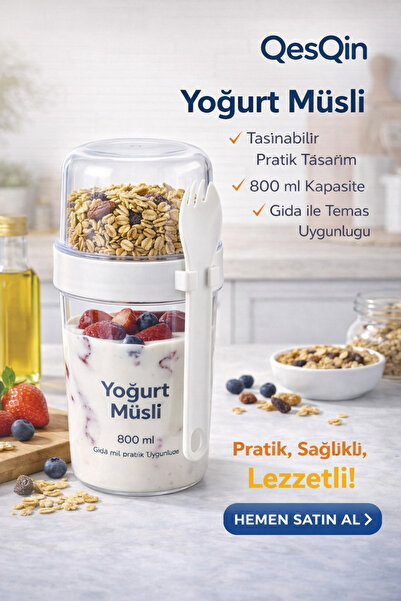 QesQin Yogurt Muesli Container 800 ml |   Compartmentalized Granola and Snack...