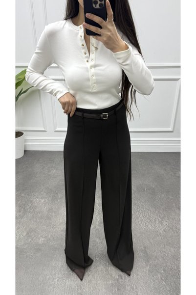 CurcunaShop Women's Belted Palazzo Trousers with Sewing Detail