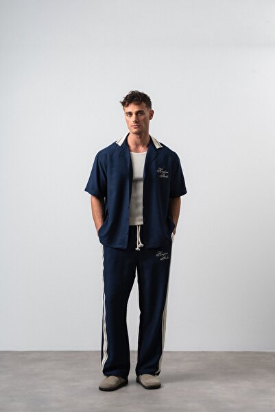 Respire Men's Striped Detailed Linen Oversize Shirt and Trousers Set Navy Blue