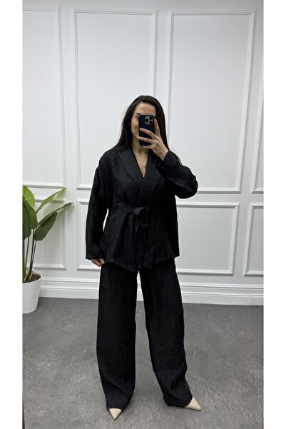 CurcunaShop Kadın İnce Şal Yaka Kemerli Kimono Pantolon Takım