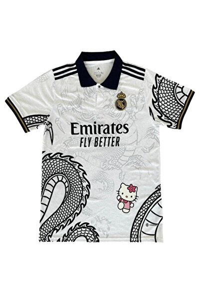 DEEFWEAR Beyaz Kitty FORMA Madrid Dragon Jersey Beyaz Düğmeli Yaka T-shirt