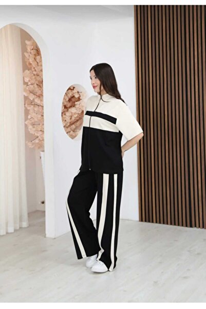 LAVRE طقم بدلة رياضية بسحاب من قماش المودال بتفاصيل شريطية كبيرة الحجم - سترة...